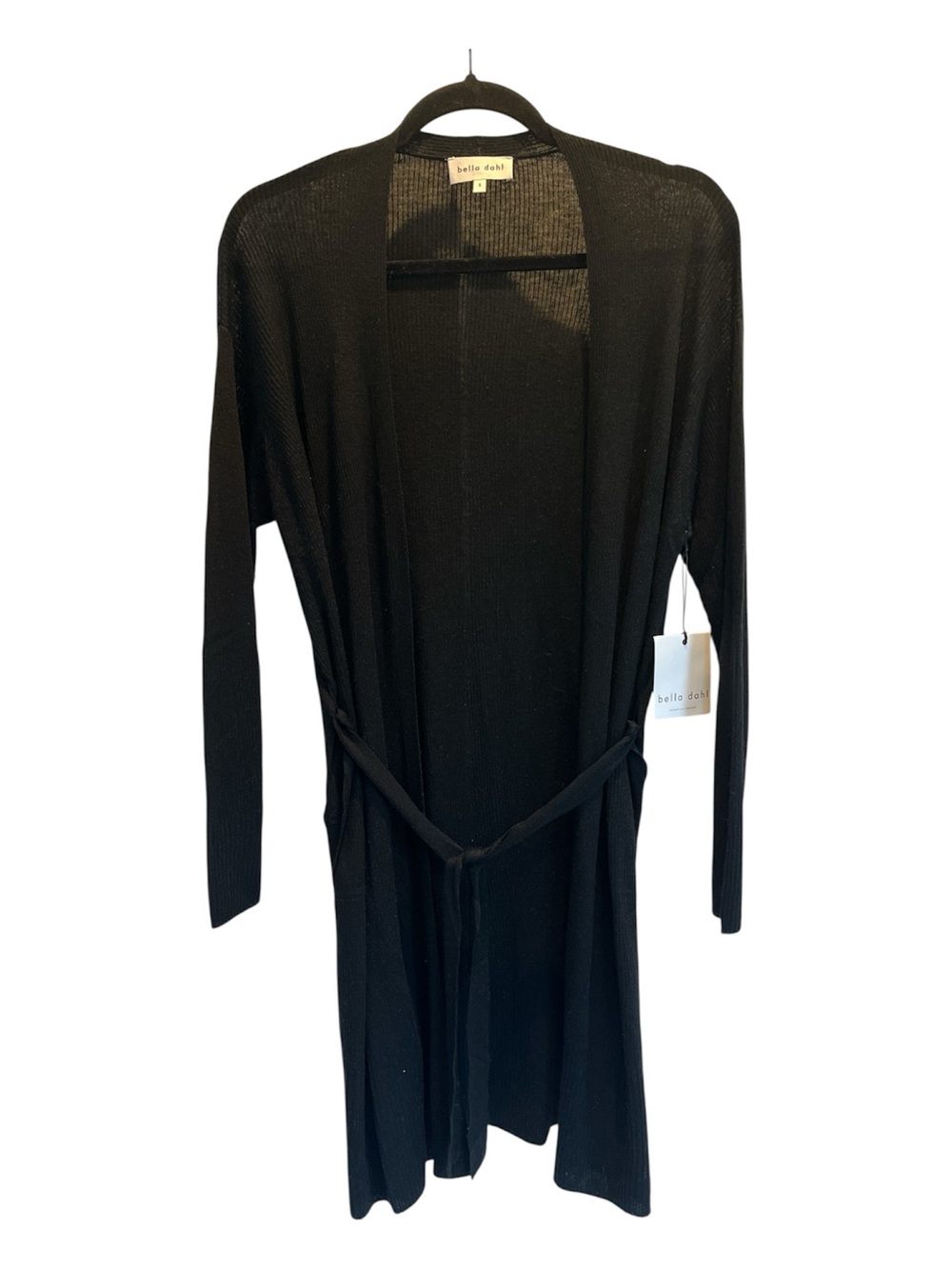 NEW BELLA DAHL Long Ribbed Black Belted Cardigan Nylon Wool Acrylic Blend S NWT